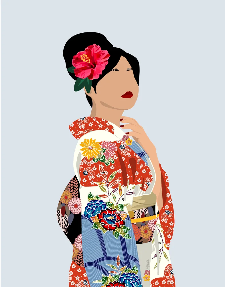 Illustration of a woman in a bingata kimono with a hibiscus
