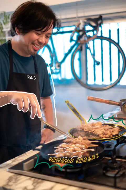 Chef Eric grilling chicken inasal, with hand-drawn illustration